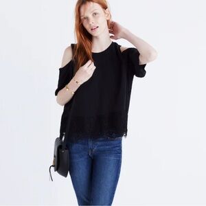 Madewell Black Like New Lace-Edged Silk Cold-Shoulder Top Sz S
